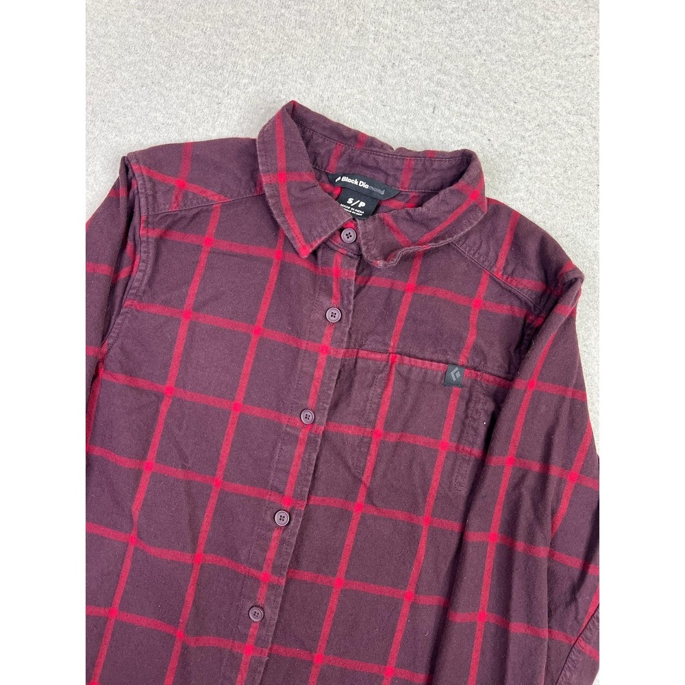 Black Diamond Shirt Women's Small Red Plaid Organic Cotton Long Sleeve Button Up